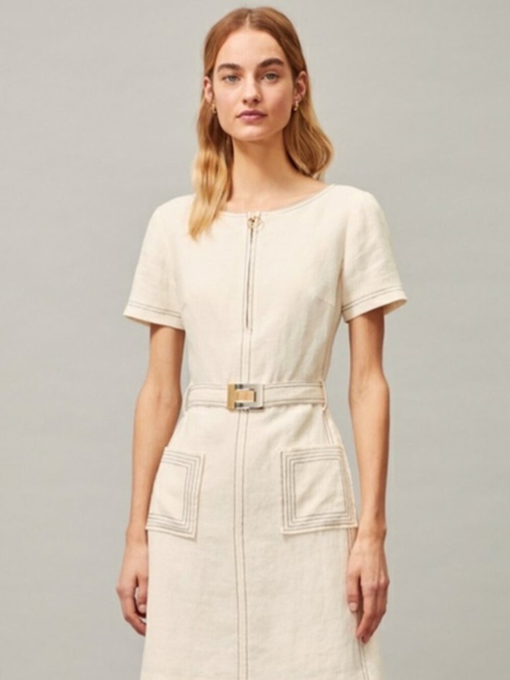 Tory Burch 100% Linen Scoop Neck Dress Size 12 Ivory Short Sleeves